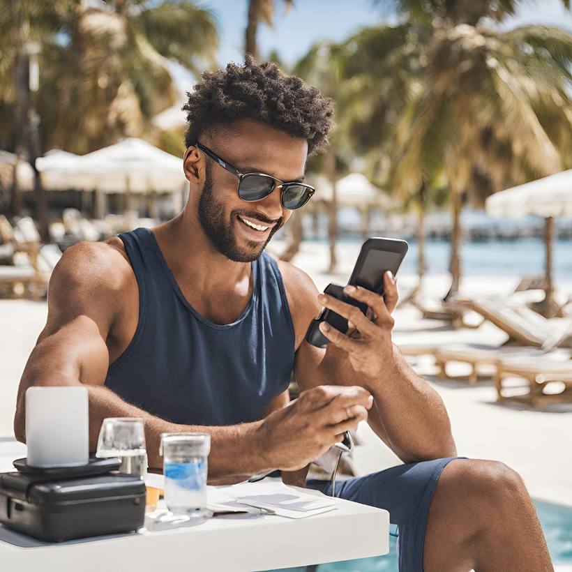 smiling person using SolMoney phone app at the beach